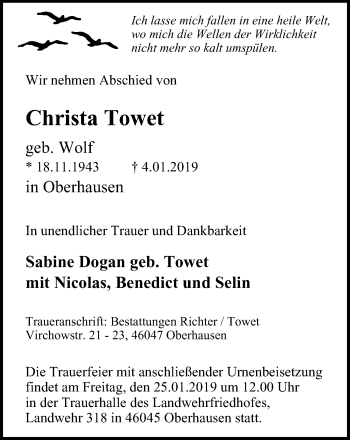 Traueranzeige von Christa Towet von Wochen-Anzeiger Oberhausen