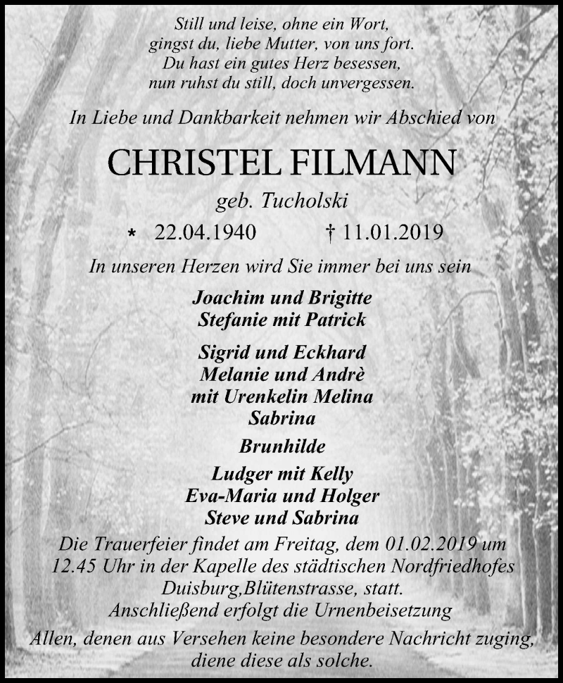  Traueranzeige für Christel Filmann vom 30.01.2019 aus Wochen-Anzeiger Duisburg