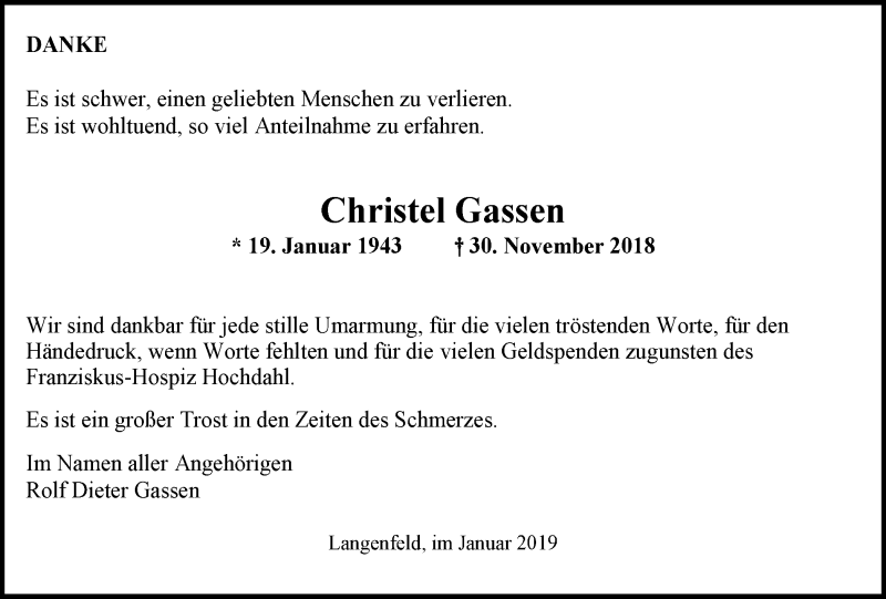  Traueranzeige für Christel Gassen vom 12.01.2019 aus Wochen-Anzeiger Langenfeld/Monheim/Hilden