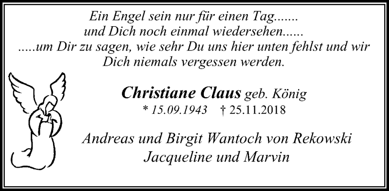  Traueranzeige für Christiane Claus vom 05.01.2019 aus Stadtspiegel Bochum