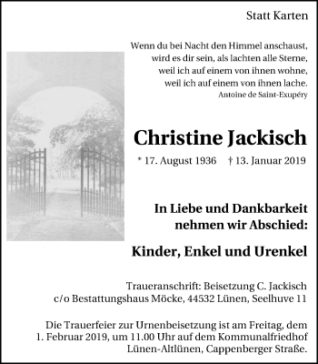 Traueranzeige von Christine Jackisch von Lüner Anzeiger