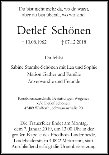 Traueranzeige von Detlef Schönen von Stadtanzeiger Velbert + Heiligenhaus