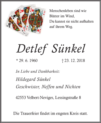 Traueranzeige von Detlef Sünkel von Stadtanzeiger Velbert + Heiligenhaus