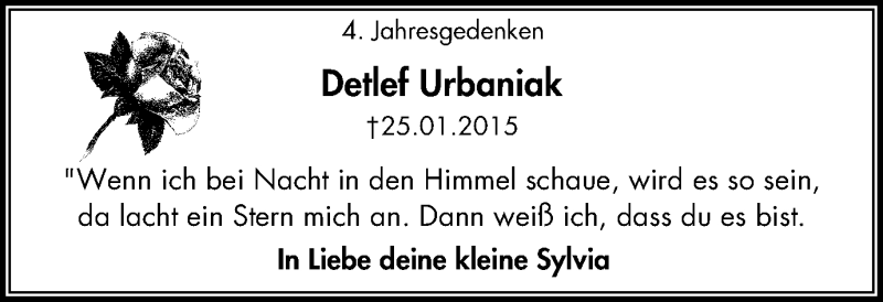  Traueranzeige für Detlef Urbaniak vom 26.01.2019 aus Wochenblatt Herne/Wanne-Eickel