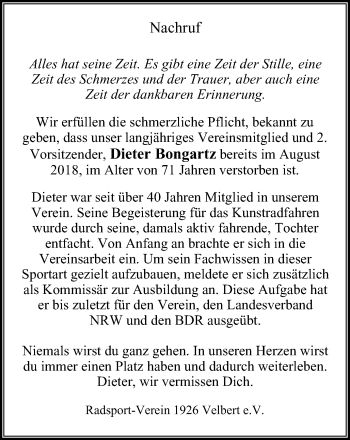 Traueranzeige von Dieter Bongartz von Stadtanzeiger Velbert + Heiligenhaus