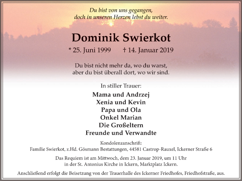  Traueranzeige für Dominik Swierkot vom 19.01.2019 aus Stadtanz.Castrop-Rauxel