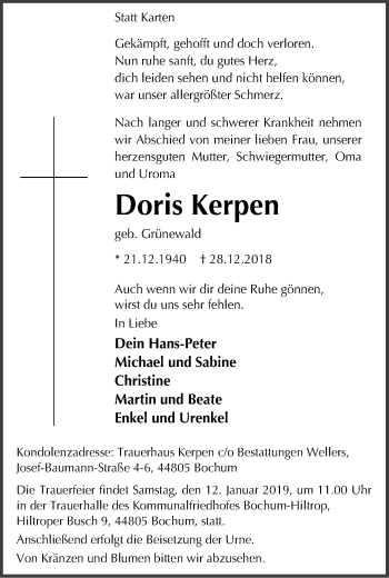 Traueranzeige von Doris Kerpen von Stadtspiegel Bochum
