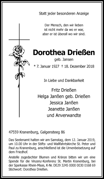 Traueranzeige von Dorothea Drießen von Klever Wochenblatt