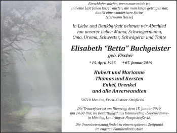 Traueranzeige von Elisabeth Betta Buchgeister von Stadtspiegel Menden + Froendenberg