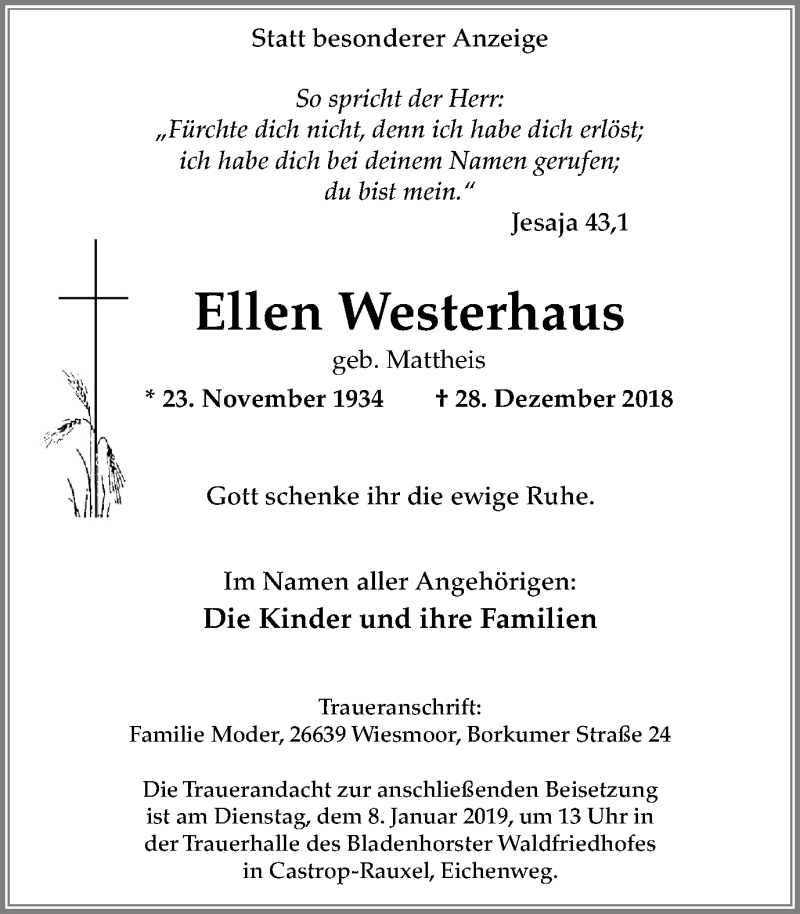  Traueranzeige für Ellen Westerhaus vom 05.01.2019 aus Stadtanz.Castrop-Rauxel