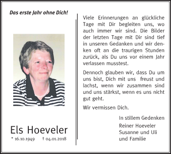 Traueranzeige von Els Hoeveler von Klever Wochenblatt