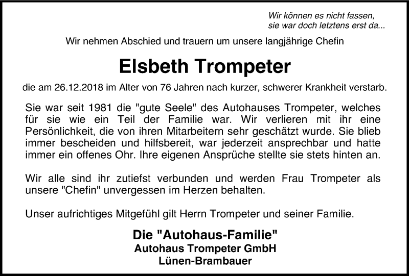  Traueranzeige für Elsbeth Trompeter vom 05.01.2019 aus Lüner Anzeiger