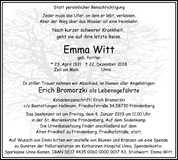 Traueranzeige von Emma Witt von Stadtspiegel Menden + Froendenberg