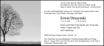 Traueranzeige von Erwin Druzynski von Stadtspiegel Wattenscheid