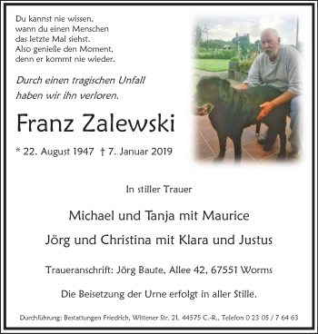 Traueranzeige von Franz Zalewski von Stadtanz.Castrop-Rauxel