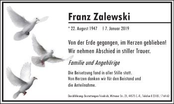 Traueranzeige von Franz Zalewski von Stadtanz.Castrop-Rauxel