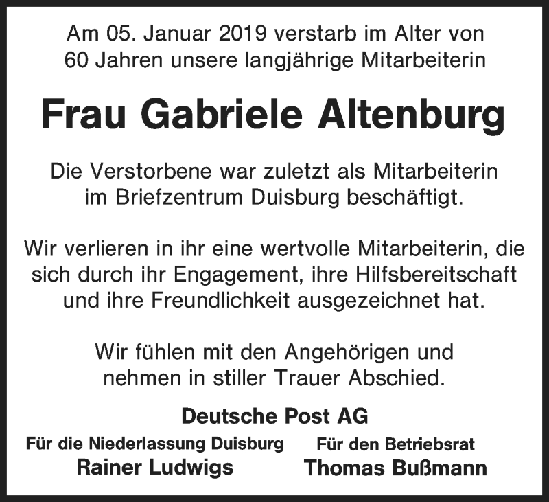  Traueranzeige für Gabriele Altenburg vom 19.01.2019 aus Wochen-Anzeiger Oberhausen