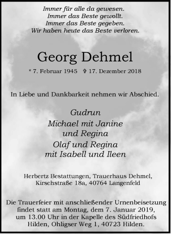 Traueranzeigen von Dehmel TrauerinNRW.de