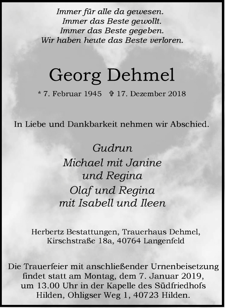 Traueranzeigen von Georg Dehmel | Trauer-in-NRW.de