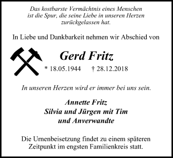 Traueranzeige von Gerd Fritz von Stadtspiegel Gelsenkirchen
