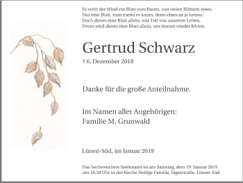 Traueranzeige von Gertrud Schwarz von Lüner Anzeiger