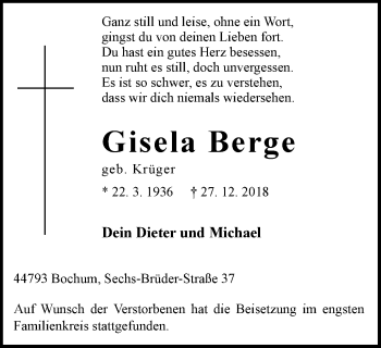 Traueranzeige von Gisela Berge von Stadtspiegel Bochum