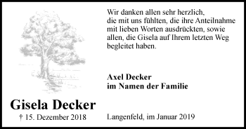 Traueranzeige von Gisela Decker von Wochen-Anzeiger Langenfeld/Monheim/Hilden