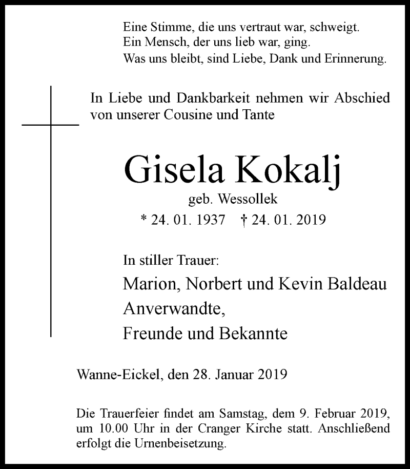  Traueranzeige für Gisela Kokalj vom 30.01.2019 aus Wochenblatt Herne/Wanne-Eickel