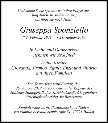 Traueranzeige von Giuseppa Sponziello von Wochen-Anzeiger Langenfeld/Monheim/Hilden