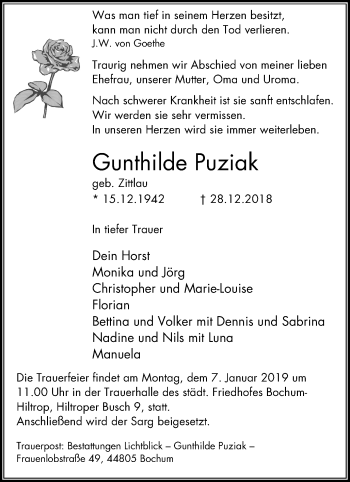 Traueranzeige von Gunthilde Puziak von Stadtspiegel Bochum