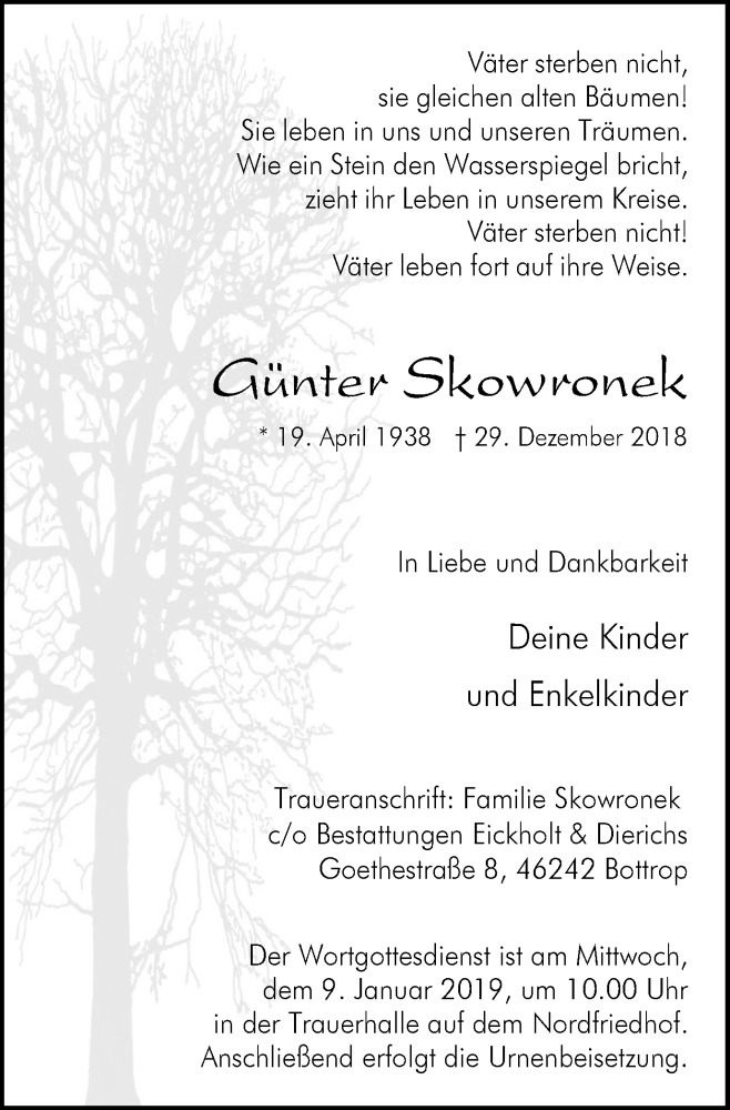  Traueranzeige für Günter Skowronek vom 05.01.2019 aus Stadtspiegel Bottrop