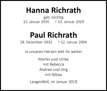 Traueranzeige von Hanna und Paul Richrath von Wochen-Anzeiger Langenfeld/Monheim/Hilden