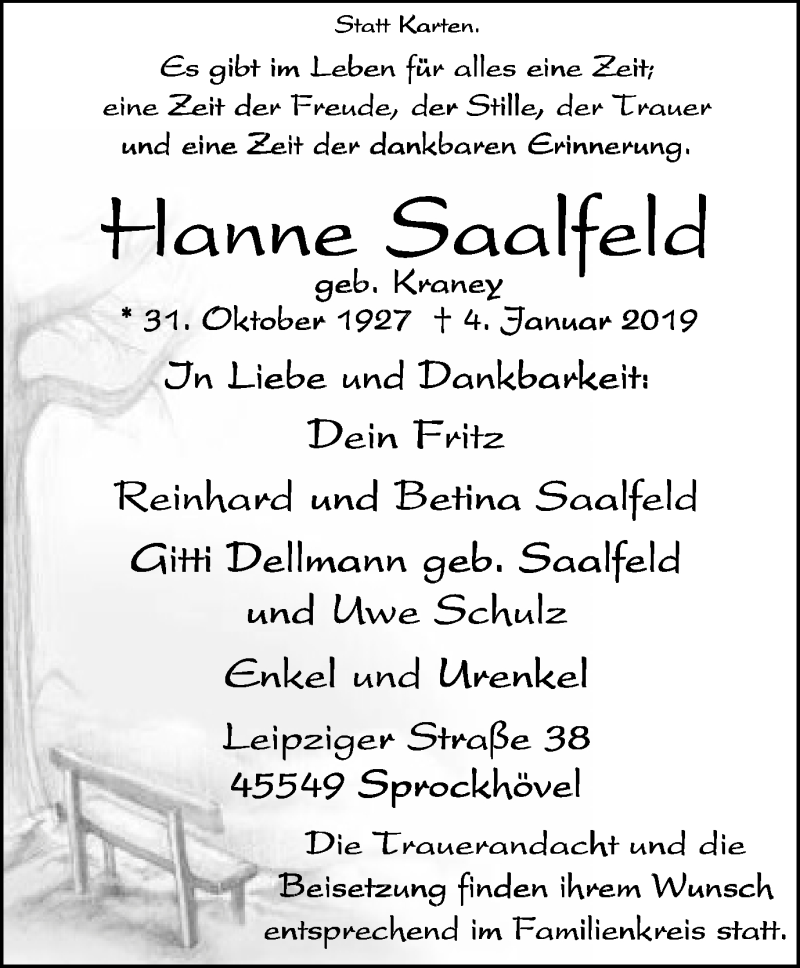  Traueranzeige für Hanne Saalfeld vom 12.01.2019 aus Stadtspiegel Hattingen/Niedersprockhövel