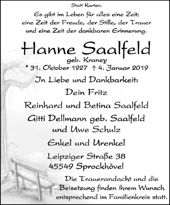 Traueranzeige von Hanne Saalfeld von Stadtspiegel Hattingen/Niedersprockhövel
