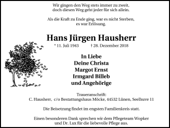 Traueranzeige von Hans Jürgen Hausherr von Lüner Anzeiger