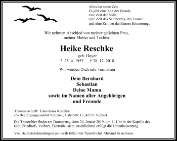 Traueranzeige von Heike Reschke von Stadtanzeiger Velbert + Heiligenhaus
