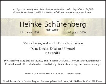 Traueranzeige von Heinke Schürenberg von Kettwig Kurier