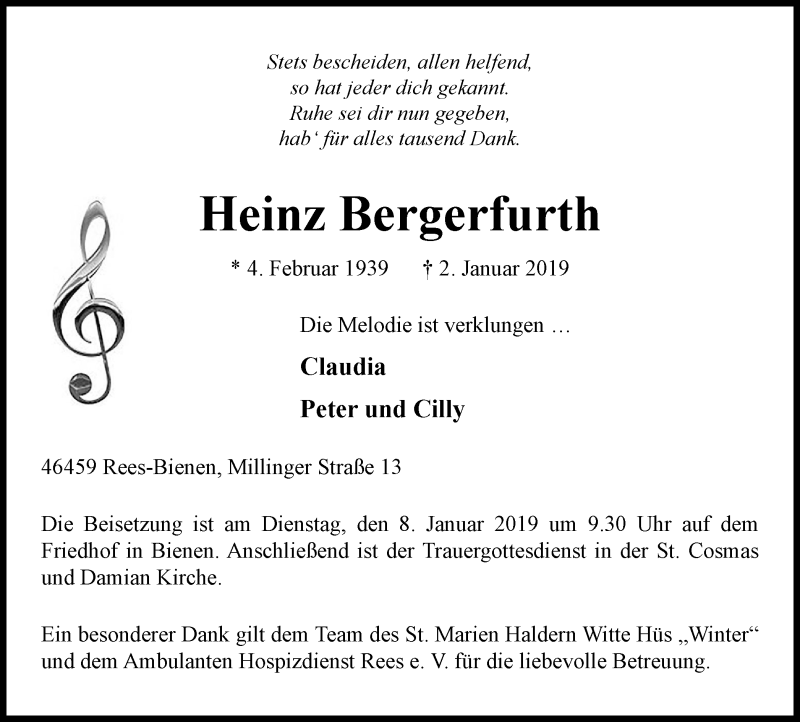  Traueranzeige für Heinz Bergerfurth vom 05.01.2019 aus Stadtanzeiger Emmerich/Rees/Isselburg