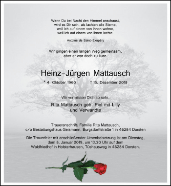 Traueranzeige von Heinz-Jürgen Mattausch von Stadtspiegel Haltern + Dorsten