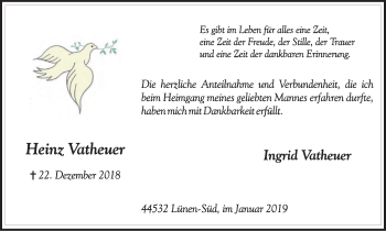 Traueranzeige von Heinz Vatheuer von Lüner Anzeiger