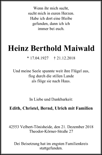 Traueranzeige von Heinz Berthold Maiwald von Stadtanzeiger Velbert + Heiligenhaus