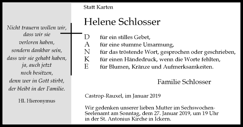  Traueranzeige für Helene Schlosser vom 12.01.2019 aus Stadtanz.Castrop-Rauxel