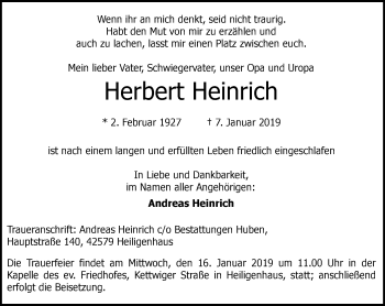 Traueranzeige von Herbert Heinrich von Stadtanzeiger Velbert + Heiligenhaus
