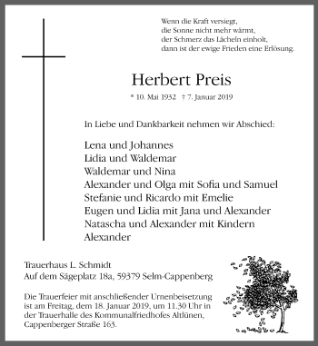 Traueranzeige von Herbert Preis von Lüner Anzeiger