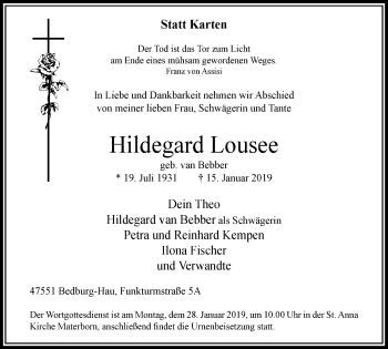 Traueranzeige von Hildegard Lousee von Klever Wochenblatt
