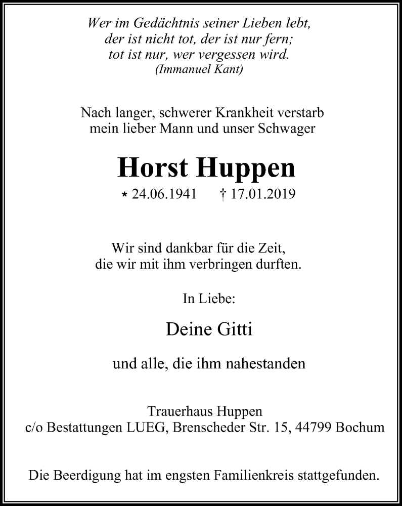 Traueranzeige für Horst Huppen vom 26.01.2019 aus Stadtspiegel Bochum