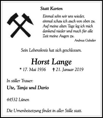 Traueranzeige von Horst Lange von Lüner Anzeiger