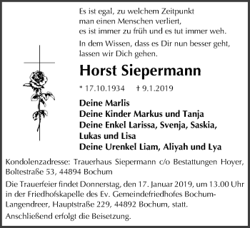 Traueranzeige von Horst Siepermann von Stadtspiegel Bochum