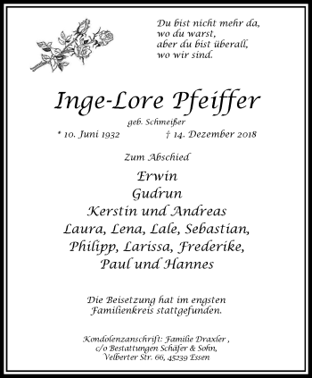 Traueranzeige von Inge Lore Pfeiffer von Kettwig Kurier