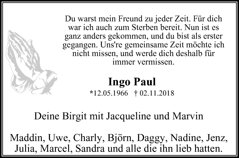 Traueranzeige für Ingo Paul vom 05.01.2019 aus Stadtspiegel Bochum
